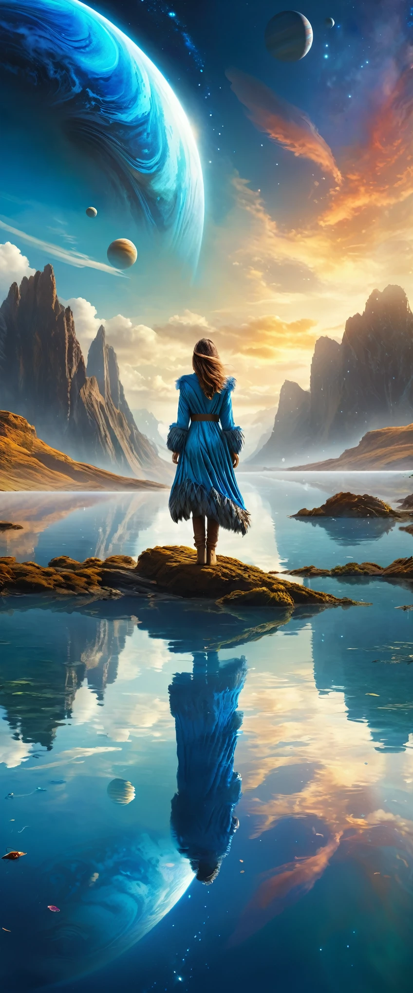 Highest quality,(masterpiece:1.2),Ultra-high resolution,Raw color photography,8K,Vast landscape photography,Realistic photos,Elaborate photos,A woman living on a water planet,,(From the back:1.5),(From below:1.2,Woman standing on a water planet,Feather coat,A vast pond spreads out before your eyes,City of Water,The sky is a vast universe,blue sky),Written boundary depth,Wide Light,Low contrast,Backlight,Sharp focus,Vibrant colors,Dynamic configuration