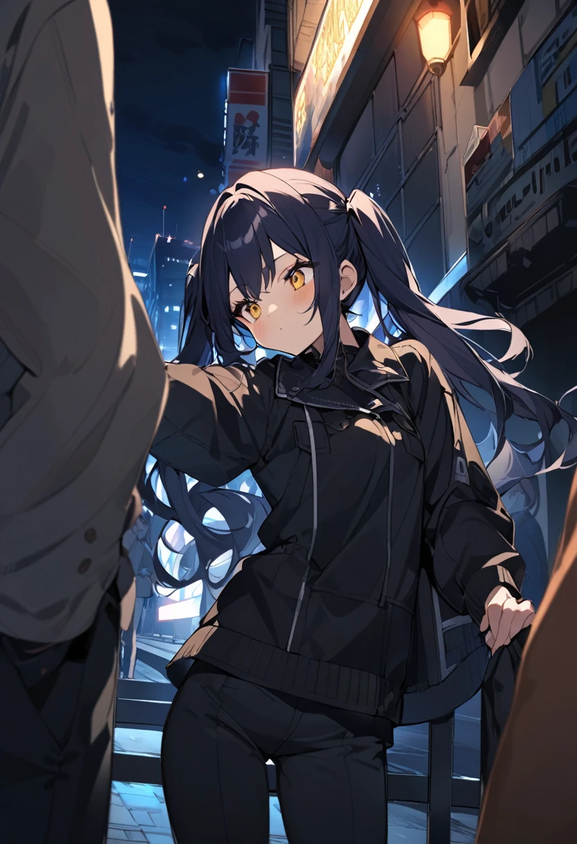 アニメ アニメ - a girl with long Dark navy blue hair, アニメ, アニメ girl アニメ dress black, アニメ female, twintails, yellow eyes, long hair, pants, solo focus, 1girl, Dark navy blue hair, long sleeves, night, jacket, black pants, outdoors,Great shade