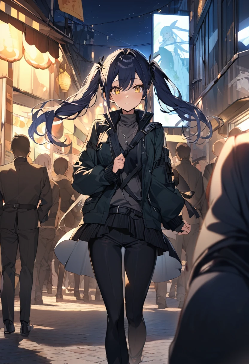 アニメ アニメ - a girl with long Dark navy blue hair, アニメ, アニメ girl アニメ dress black, アニメ female, twintails, yellow eyes, long hair, pants, solo focus, 1girl, Dark navy blue hair, long sleeves, night, jacket, black pants, outdoors,Great shade
