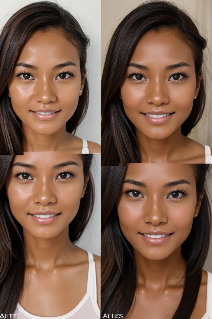 Tan skinned woman,, after using whitening soap, shows before and after results in two images