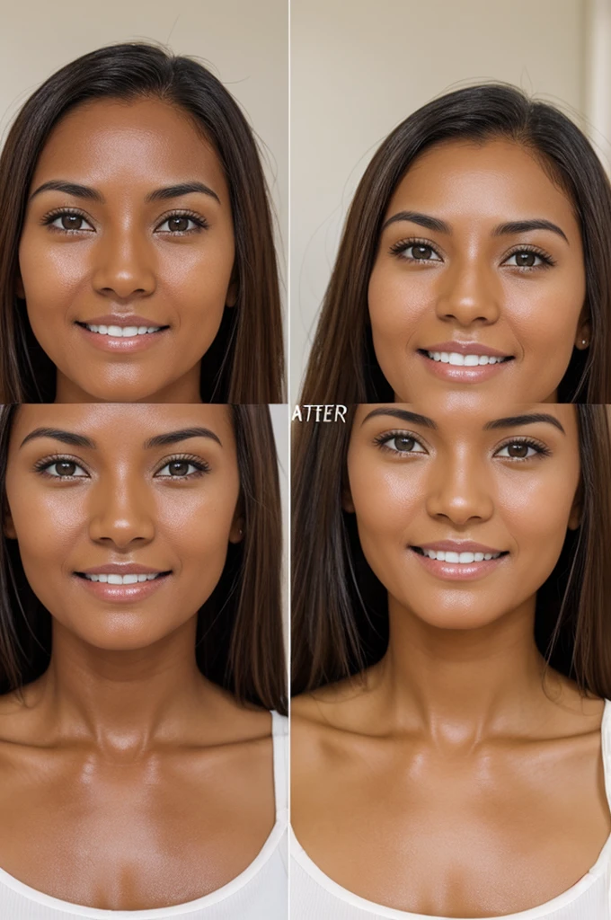 Tan skinned woman,, after using whitening soap, shows before and after results in two images , Only two images