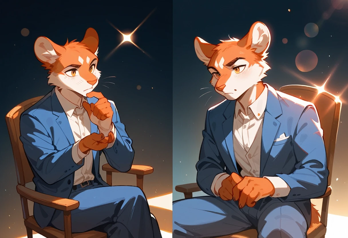 highres, top quality, best quality, paid reward available, High-quality illustrations, unparalleled masterpiece, toy man sitting on chair, fully posable, neutral pose, thinking pose(furry anthro:1.7)absurdres(highly detailed beautiful face and eyes)perfect anatomy, expression, caustics, dynamic lighting, lens flare, cinematic shadow, assorted poses, cinematic angle,