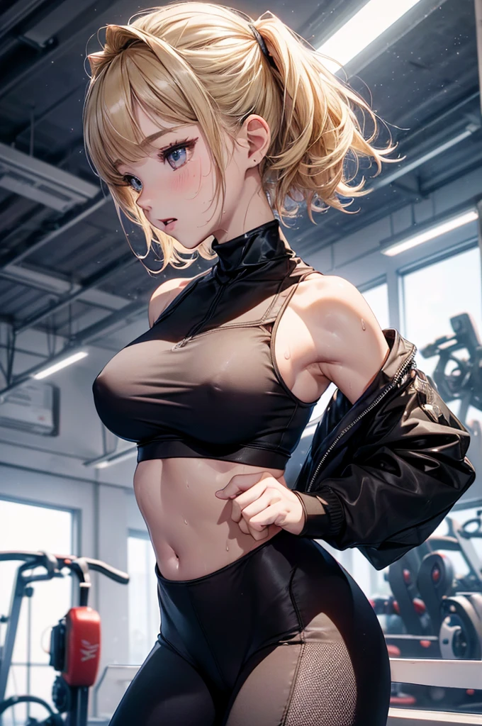 Absurd, Super detailedな,(In 8K:1.3),Masseter muscle area,(masterpiece:1.2)、(Highest quality)、4K、Super detailed、(Movement Structure:1.4)、(Shining Lights、Atmosphere lighting), High resolution, Best Quality、(One girl:1.4),Super detailedな,Bright colors、Treebreak Production Art、(Warm color light source:1.2),High-level image quality、Fine image quality、Intricate details,Volumetric Lighting,Realism BREAK、Profile、 Idol face、、Very beautiful face and eyes, Beautiful images、natural make up、 big eyes,
(Big Tits)、(glossy skin :1.5)、(Baby Face:1.5)、(Sweat:1.2)、(muscular body type)、
dynamic pose、
(sports gym) 、(fitness center)、
(blonde hair,short hair:1.2)、
(intricate 、sports bra:1.2)、(Breast bag)、(intricate 、leggings:1.2)、
(aroused)