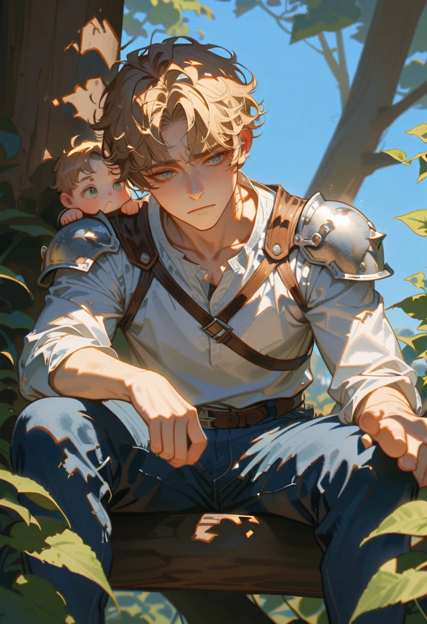 Style 9, a Man with straight light brown hair, bangs, tired olive eyes, pale complexion, sitting in a treehouse, wearing a gray shirt, blue jeans, a leather pout with armor shoulder pads.