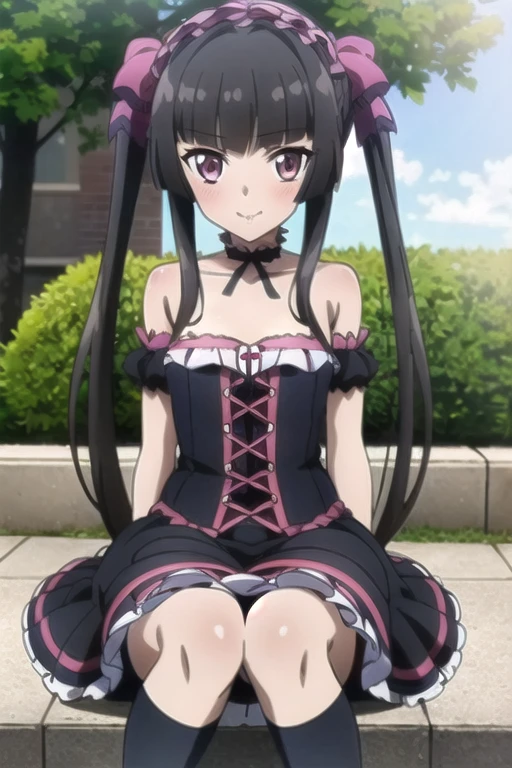 (Very detailed CG ユニティ 8k 壁紙, masterpiece, Super best quality, Very detailed, High resolution, Absurd), (anime:1.4), (shape), One Girl, alone,
((Shirabe Tsukuyomi)), Black Hair, Blunt bangs, Twin tails, Pink Eyes, とても小さいchest,chest, , Shiny Hair,
View your viewers, alone, , Blushing your nose,Outdoor,(Gothic Lolita:1.3),mini skirt,Embarrassed、smile,blush,Date