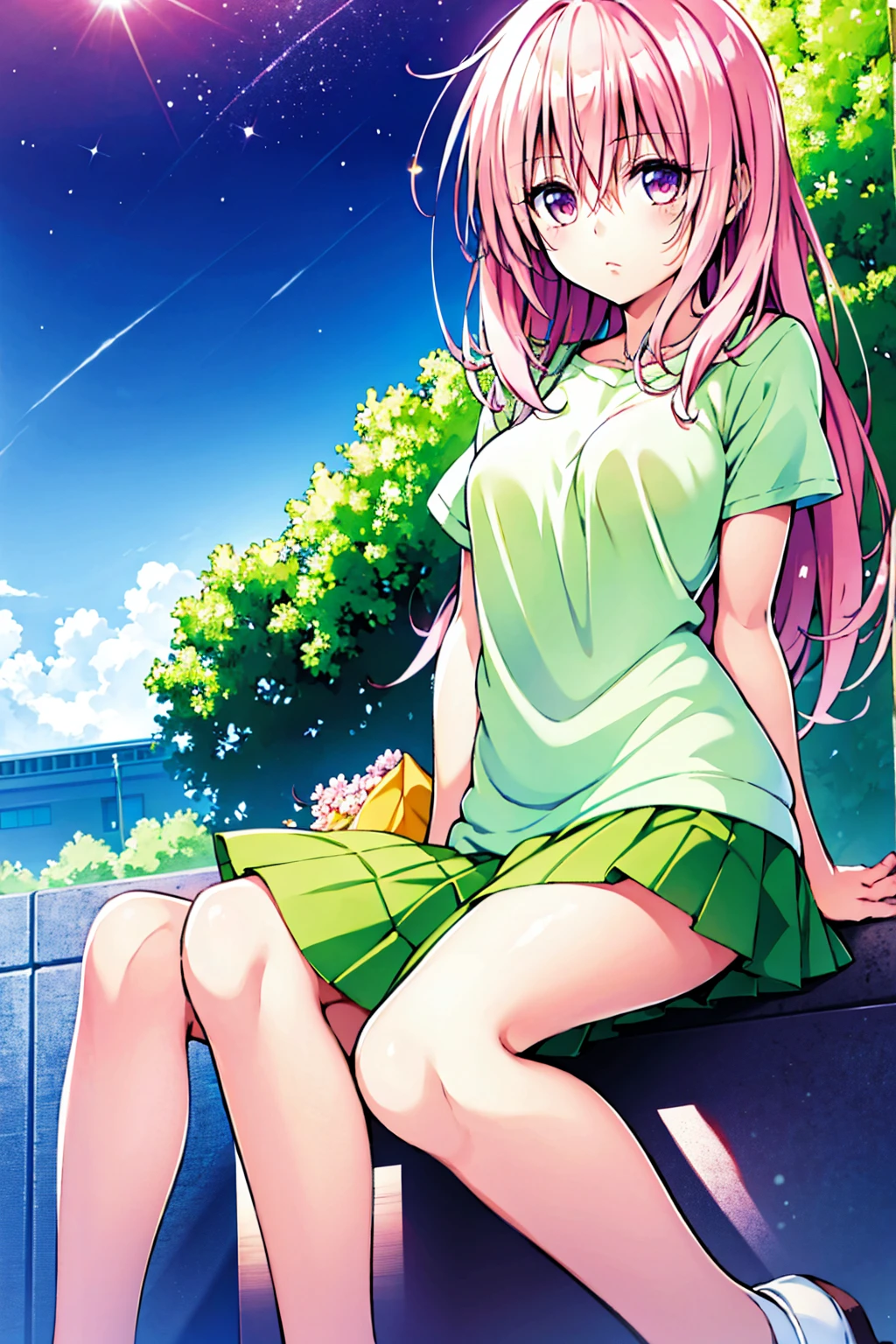 To Love-Ru　　peach　anime girl with pink hair and green skirt sitting on a rock, anime visual of a cute girl, smooth anime cg art, seductive anime girl, rei hiroe, anime best girl, anime girl named lucy, Beautiful fluffy clouds. anime, sayori, beautiful anime high school girl, anime moe artstyle, Takano Aya color style, (anime girl), Hikari