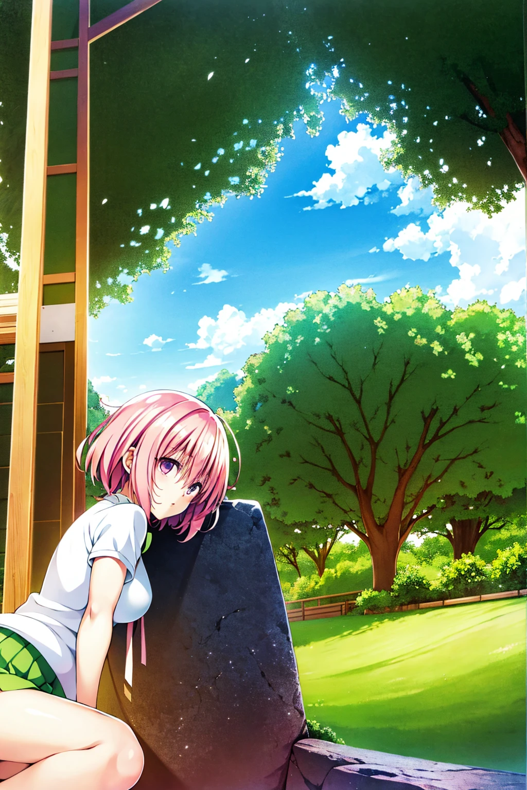 To Love-Ru　　peach　anime girl with pink hair and green skirt sitting on a rock, anime visual of a cute girl, smooth anime cg art, seductive anime girl, rei hiroe, anime best girl, anime girl named lucy, Beautiful fluffy clouds. anime, sayori, beautiful anime high school girl, anime moe artstyle, Takano Aya color style, (anime girl), Hikari