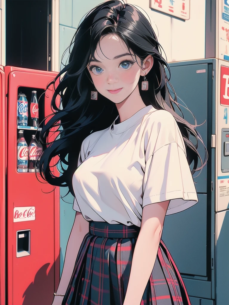 1girl, solo, long hair, breasts, looking at viewer, blush, smile, blue eyes, skirt, shirt, black hair, closed mouth, standing, white shirt, short sleeves, pleated skirt, indoors, plaid, leaning forward, red skirt, plaid skirt, arms behind back, can, locker, shop, vending machine, coca-cola