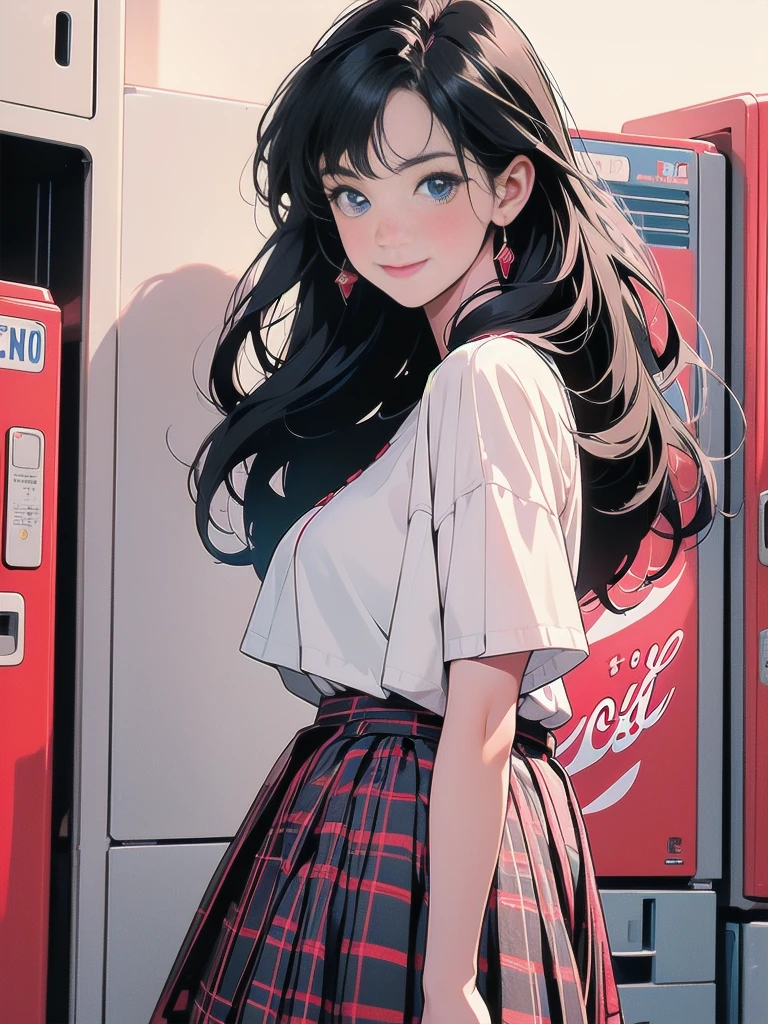 1girl, solo, long hair, breasts, looking at viewer, blush, smile, blue eyes, skirt, shirt, black hair, closed mouth, standing, white shirt, short sleeves, pleated skirt, indoors, plaid, leaning forward, red skirt, plaid skirt, arms behind back, can, locker, shop, vending machine, coca-cola