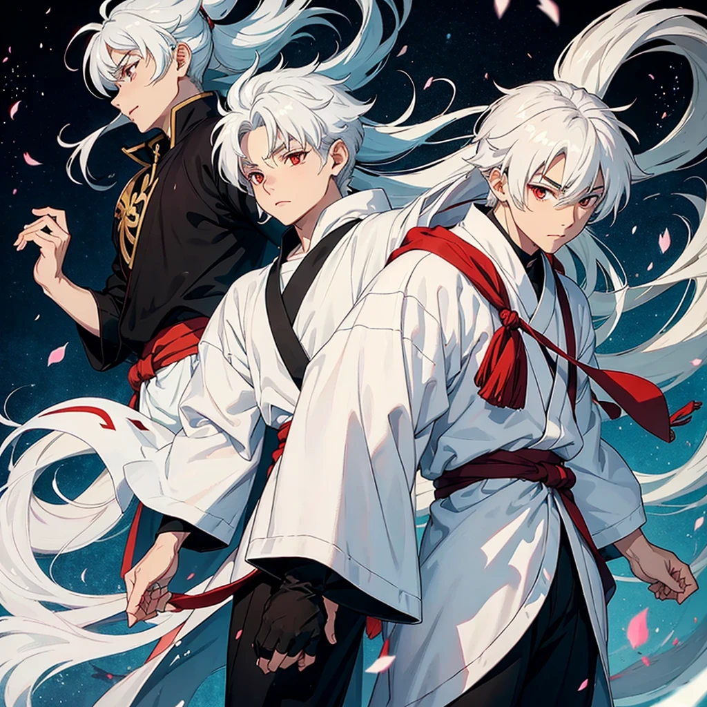 An Inuyasha with white hair and a white sweatshirt, long black pants, without anyone, just him and with a black mask