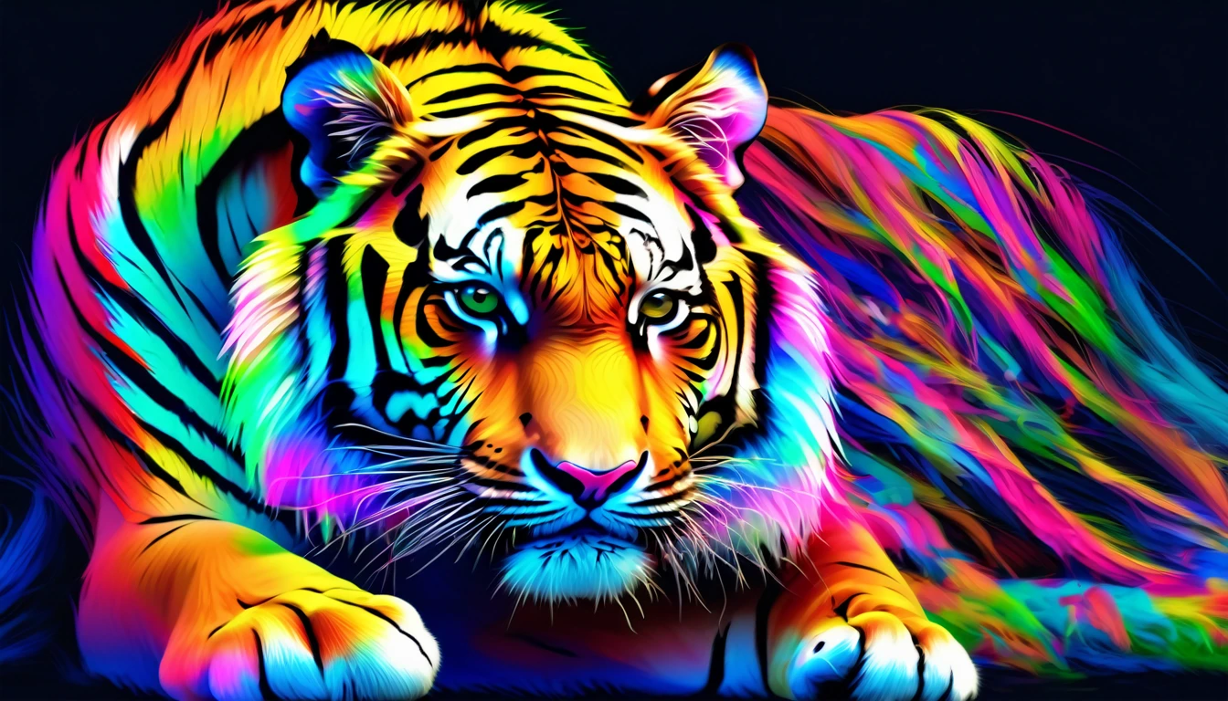 painting of a tiger with colorful hair sitting on a floor, black background, bright color, HDR color, rainbow color, , tiger. digital painting, colorful digital painting, digital art Wildlife photo, digital painting, highly detailed, beautiful digital art, stunning digital art, beautiful 8K UHD ar, beautiful tiger, high resolution, high quality