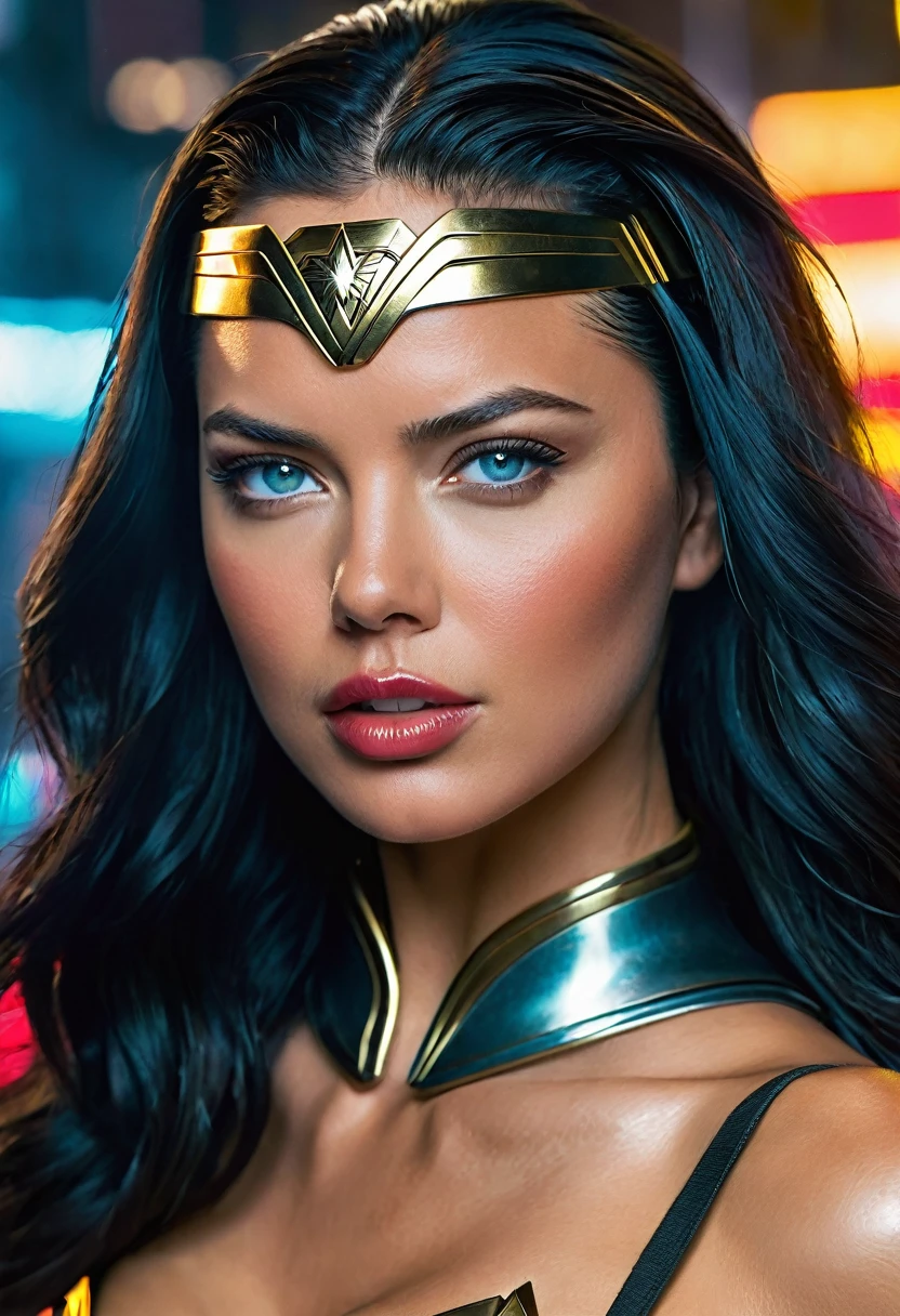 (((In extreme close-up, a cyber punk woman Adriana Lima under the mantle of the Amazon warrior (((a part of his head shaved))) Wonder Woman Diaema Cyber Punk front images color images Splash Wonder Woman Diaema Wonder Woman Cyber Punk))),(((a part of his head shaved))),(((Diaema Wonder Woman))),(((shaved))),(((black hair))),(((Diaema Led Wonder Woman))),(((Diaema Led Wonder Woman))),(((shaved))),(((tiara))),(((Diaema Wonder Woman))),(((tiara))),(((Front images)))