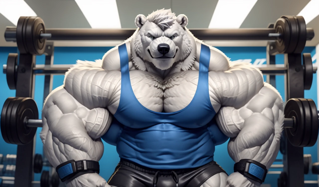 Brock Ólafsson The Huge Muscled Polar Bear, with White Hair, Blue Tank Top, Black Wristbands and Black Gym Shorts, Flexing His Thorax.