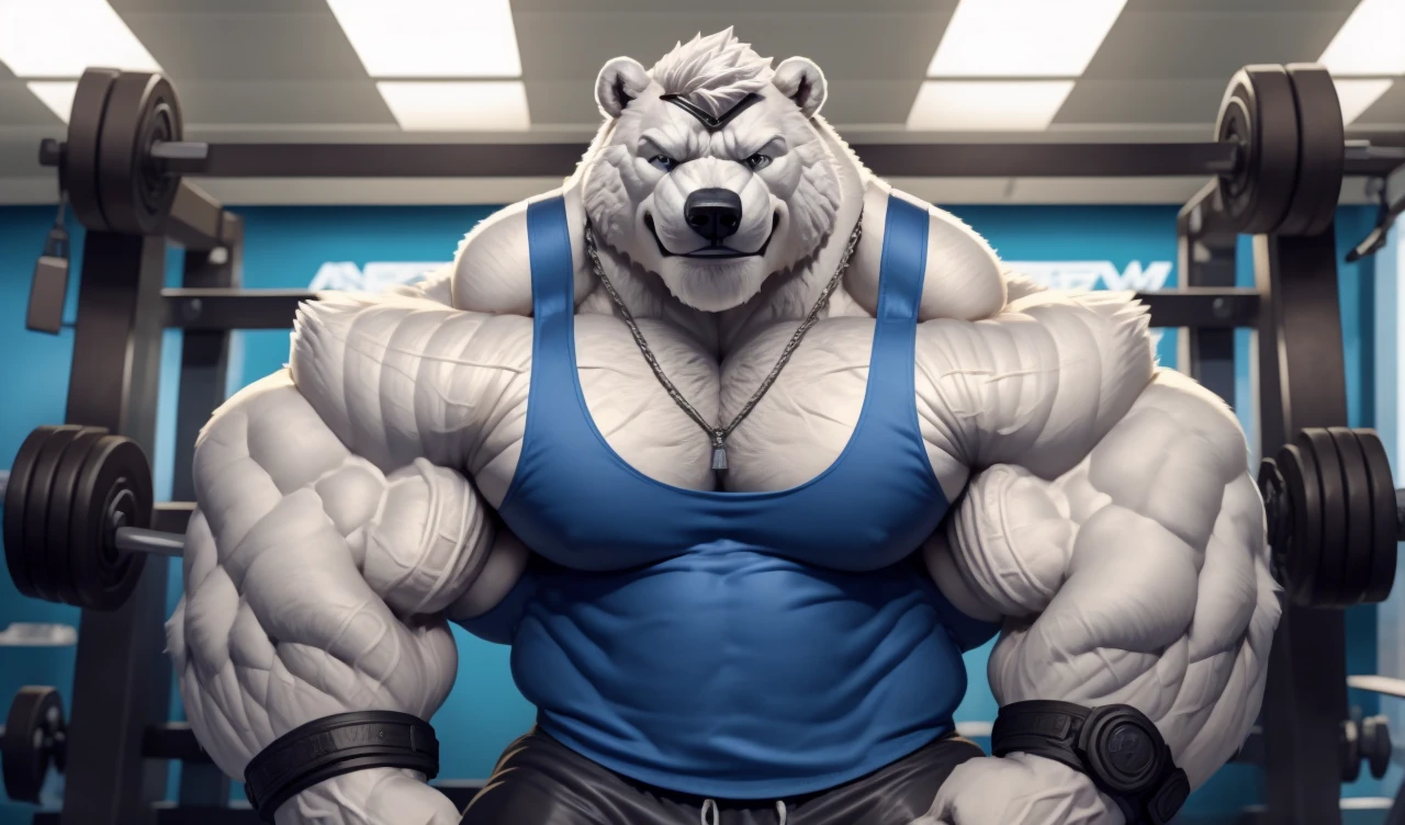 Brock Ólafsson The Huge Muscled Polar Bear, with White Hair, Blue Tank Top, Black Wristbands and Black Gym Shorts, Flexing His Thorax.