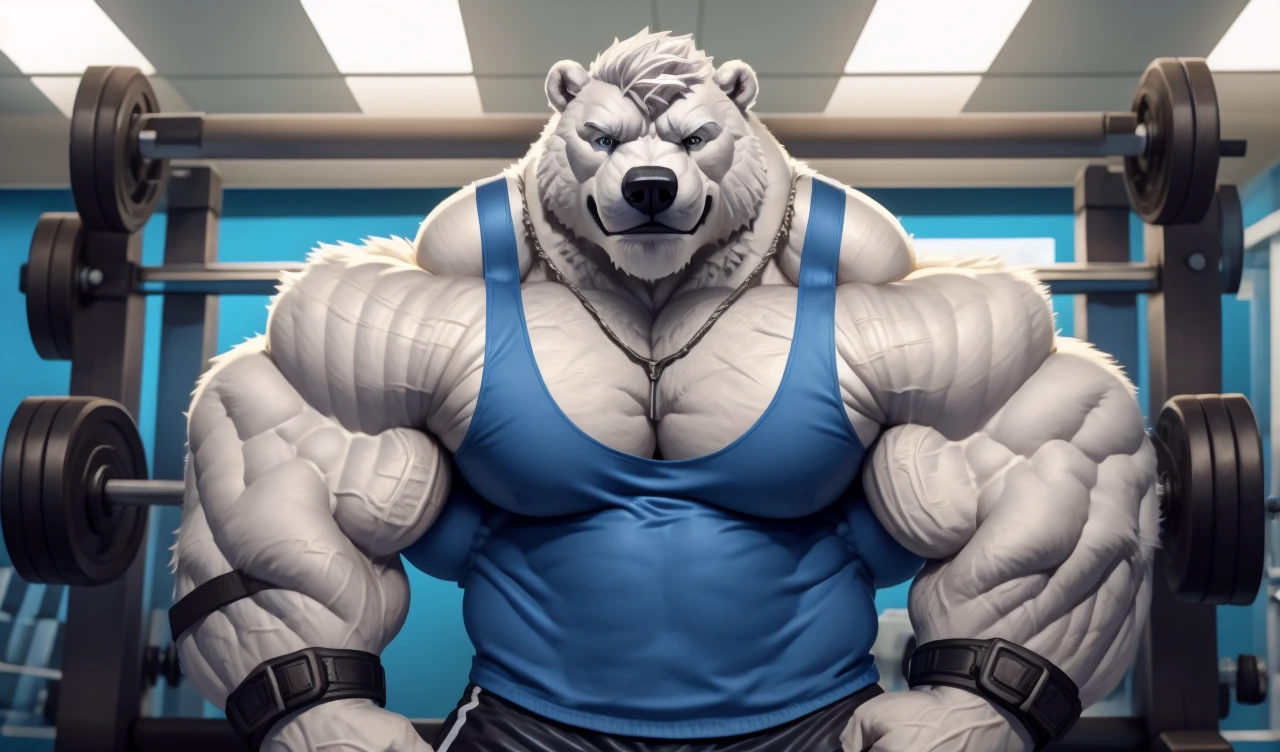 Brock Ólafsson The Huge Muscled Polar Bear, with White Hair, Blue Tank Top, Black Wristbands and Black Gym Shorts, Flexing His Thorax.