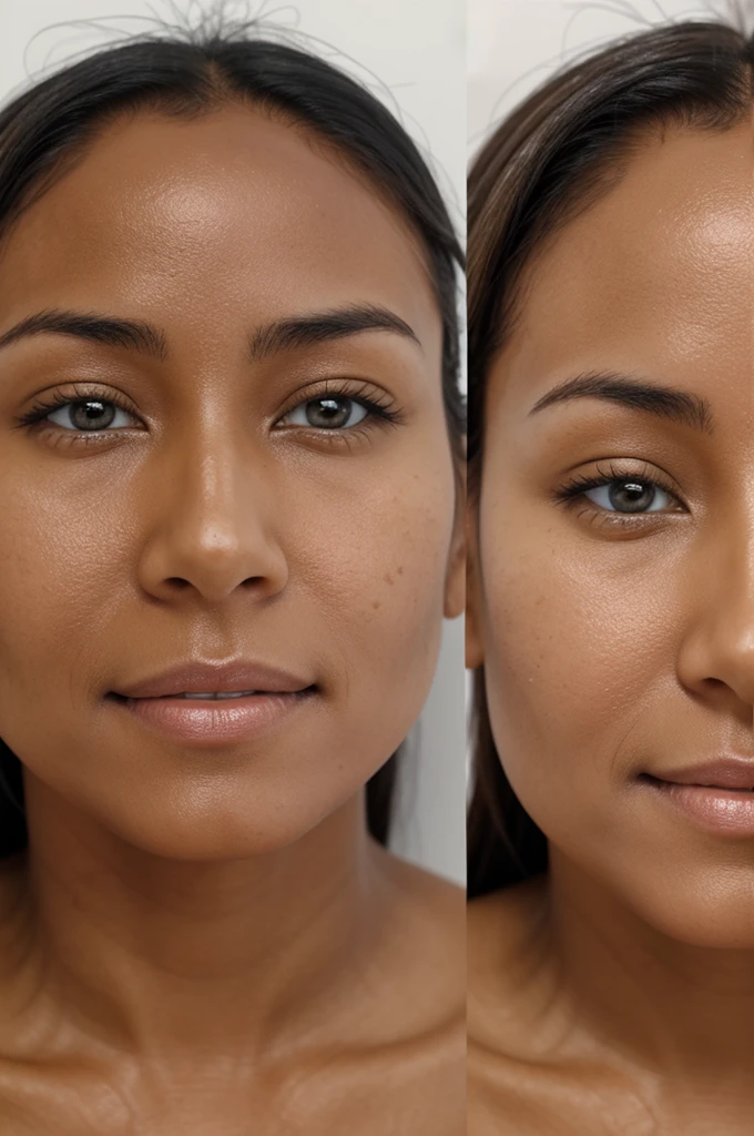 Tan skinned woman,, after using whitening soap, shows before and after results in two images , Only two images