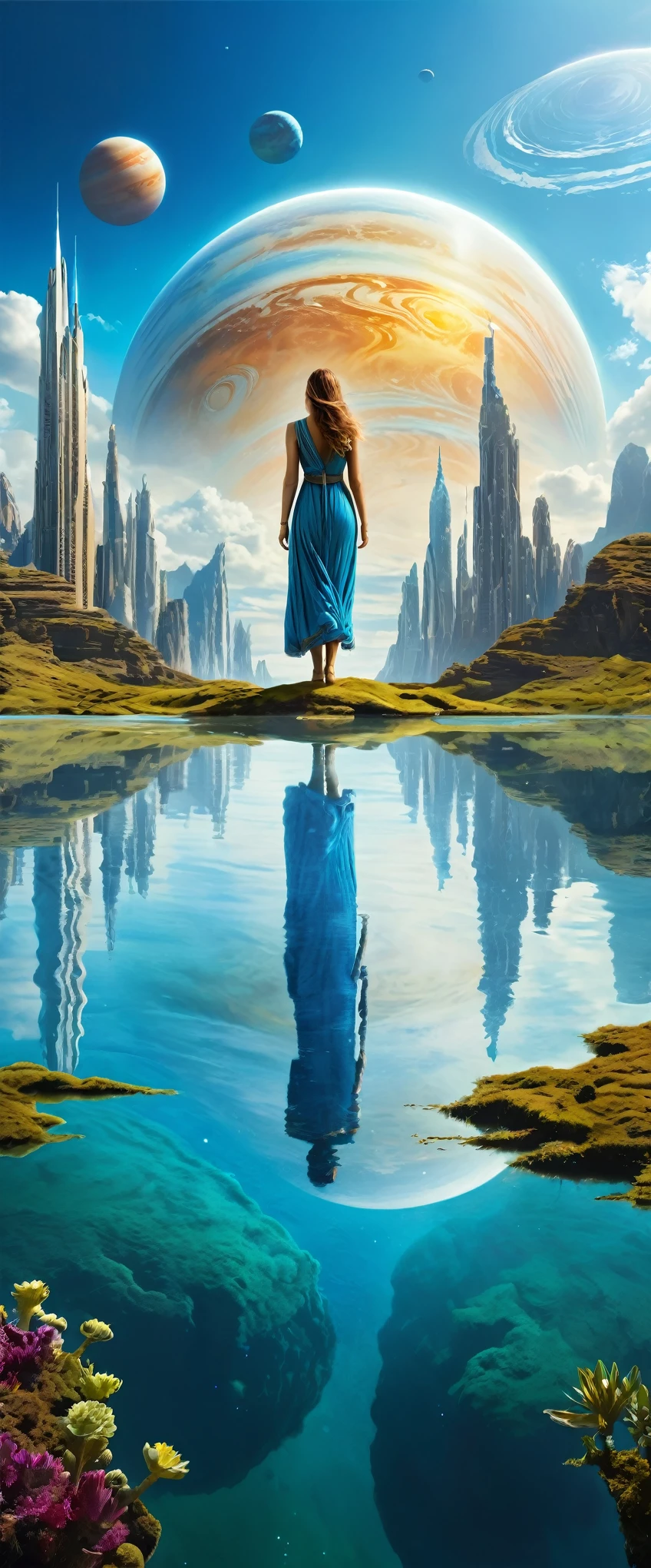 Highest quality,(masterpiece:1.2),Ultra-high resolution,Raw color photography,8K,Vast landscape photography,Realistic photos,Elaborate photos,A woman living on a water planet,,(From the back:1.5),(From below:1.2,Woman standing on a water planet,A vast pond spreads out before your eyes,City of Water,The sky is a vast universe,blue sky),Written boundary depth,Wide Light,Low contrast,Backlight,Sharp focus,Vibrant colors,Dynamic configuration