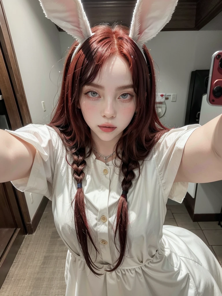 korean with long red hair, Caucasian skin, white dress with bunny ears, Selfie