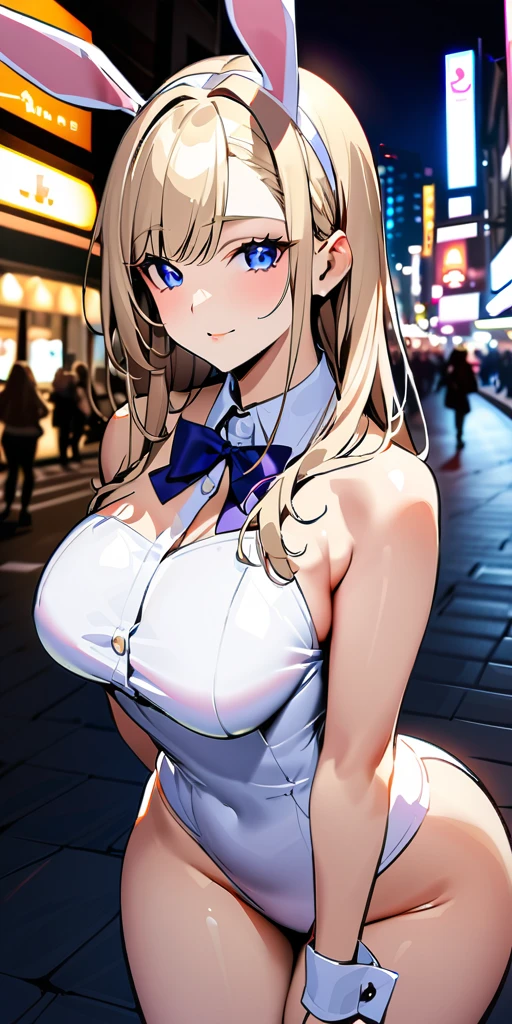 ((Highest quality、、masterpiece:1.3)), Upper Body、Long legs、Sharp focus:1.2, Beautiful woman with perfect figure:1.4、(Smiling:1.2), double eyelid、30-year-old female、Sexy pose、((((Close your mouth、One Woman、Bunny girl,Downtown at night))))、(((((手は体の横に)))))
