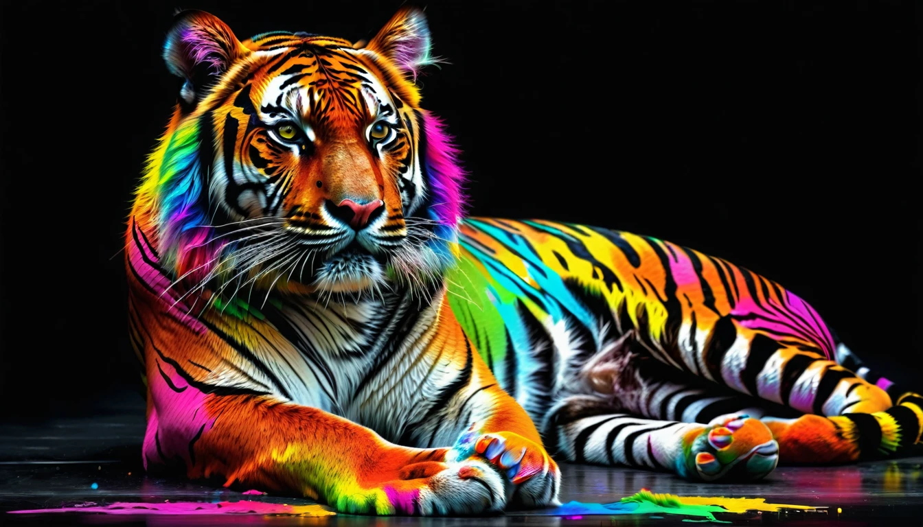 painting of a tiger with colorful hair sitting on a floor, black background, bright color, HDR color, rainbow color, , tiger. digital painting, colorful digital painting, digital art Wildlife photo, digital painting, highly detailed, beautiful digital art, stunning digital art, beautiful 8K UHD ar, beautiful tiger, high resolution, high quality