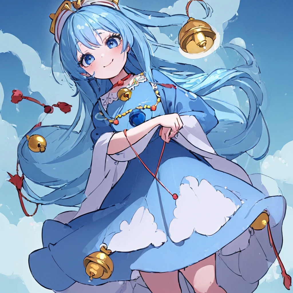 ((Top quality、8K、masterpiece:1.3))、Very charming girl，Blue Skin，Round Face，big eyes，Long eyelashes，Small red nose，Smiling arc mouth，Wearing a bell necklace，Wear a dress with bells and pockets，Light blue hair，Long flowing hair。full-body shot，The camera focuses on the bell necklace and clothing details，Bright Light