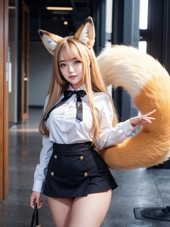 ((Highest quality)), ((masterpiece)), (Familiar), Perfect Face, fox lady, Pretty girl, Fox Ears, Fox tail, She has a northern fox tail, She wags her fluffy tail, She is a pretty office worker., Beautiful hip line, Thick thighs, Big tail, The tail is sticking out from the skirt, Nice body, Shyly staring at his tail, Only one tail, a shy face