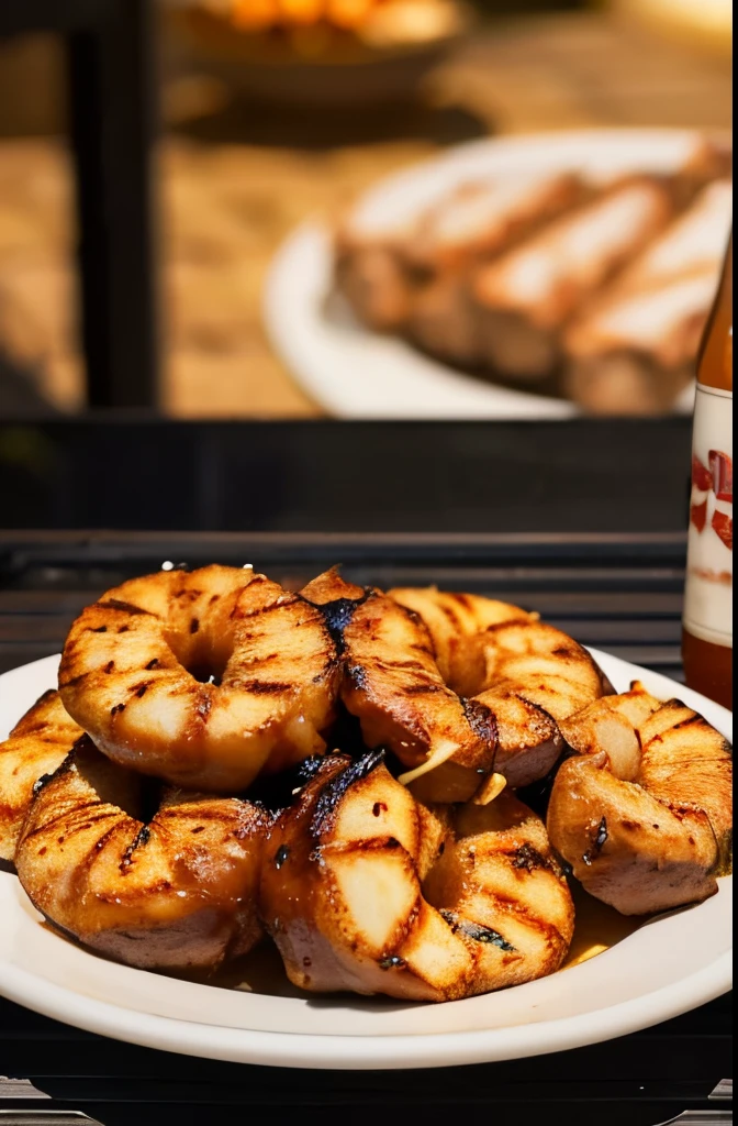 Create an image of grilled chitterlings (also known as chitlins). The scene should show chitterlings on a grill with hot, glowing coals beneath them. The chitterlings should be well-cooked, with a golden brown color and slightly crispy edges, showing clear grill marks. Surrounding the grill, include other barbecue elements like sausages, ribs, and a bottle of barbecue sauce. The background should depict an outdoor setting with a rustic table set with plates, utensils, and a bowl of dipping sauce.