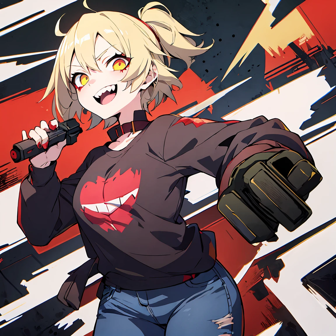 Anime girl, Short blonde hair with red highlights, Pointed teeth, macabre smile, black shirt with print, Jeans, personalized machine gun, white wall, Graffiti, Yellow and red green paint.