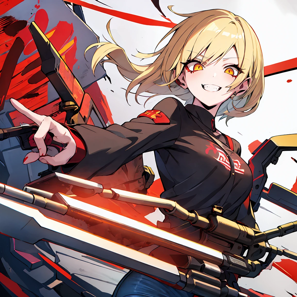 Anime girl, Short blonde hair with red highlights, Pointed teeth, macabre smile, black shirt with print, Jeans, personalized machine gun, white wall, Graffiti, Yellow and red green paint.