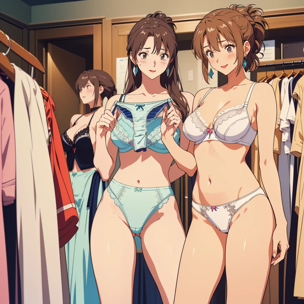 masterpiece, top quality, ultra detailed, ((((AIKA_SUMERAGI, folded ponytail, best anatomy, in underwear, (panties, elaborately designed luxury panties for adults, panties high definition images, draw panties with super precision), lace trimmed bra, extremely detailed texture, earrings, red lip, embarrassed, blush, smile)))), cowboy shot, (((underwear in dressing room))), white skin, (presenting panties), (display panties:1.5),holding panties with both hands
