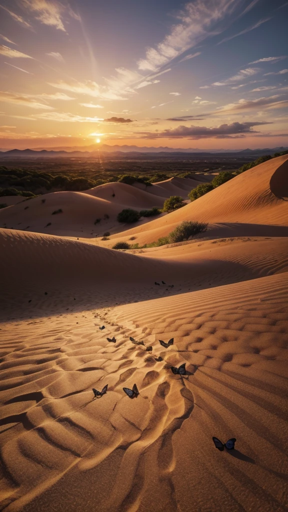 A real image with many butterflies,swith sand on a mountain and a beautiful sunset