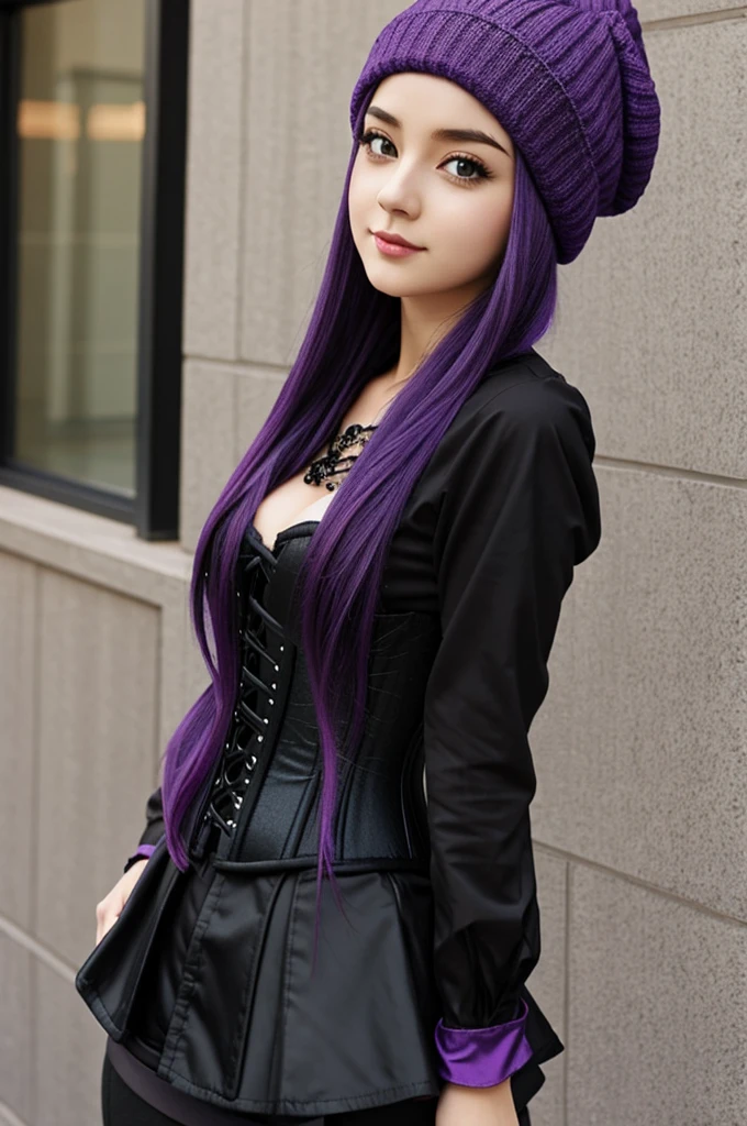 Purple haired girl wearing a black beanie and a black corset style blouse. anime style