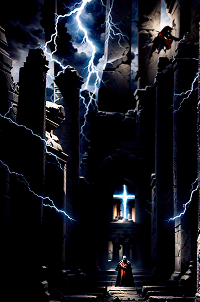 a demon-possessed man, with wild eyes and a tormented expression, in front of ancient tombs, with Jesus in the background exuding a powerful and serene presence, under a dark and stormy sky with lightning falling -ar 16:9