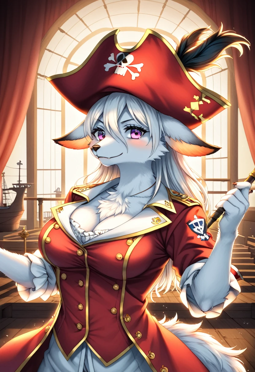 top quality, best quality, High-quality illustrations, masterpiece, super high resolution, detailed background, Hospitals with power outages, Spooky creatures, Pirate Ship, a pirate, 1girl, absurdres(highly detailed beautiful face and eyes)perfect anatomy, expression, good lighting, cinematic shadow(kemono, furry anthro),