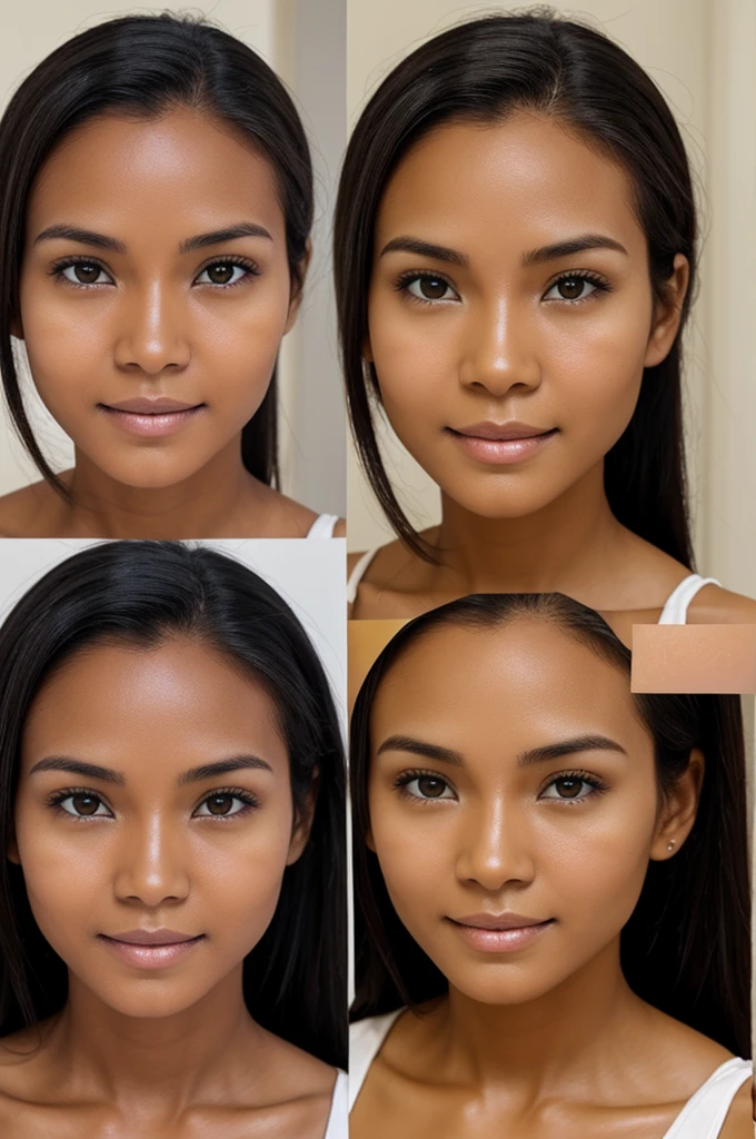 Tan skinned woman,, after using whitening soap, shows before and after results in two images