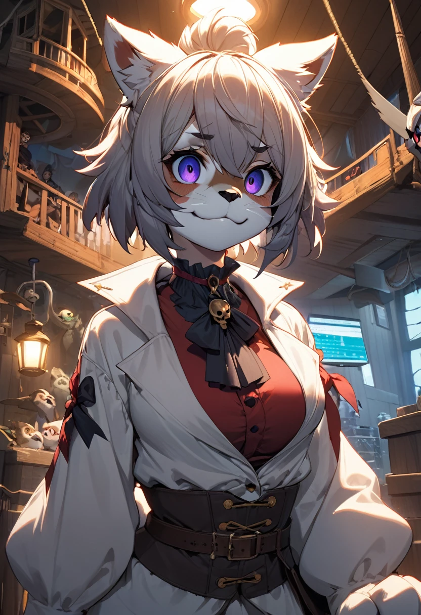 top quality, best quality, High-quality illustrations, masterpiece, super high resolution, detailed background, Hospitals with power outages, Spooky creatures, Pirate Ship, a pirate, 1girl, absurdres(highly detailed beautiful face and eyes)perfect anatomy, expression, good lighting, cinematic shadow(kemono, furry anthro),
