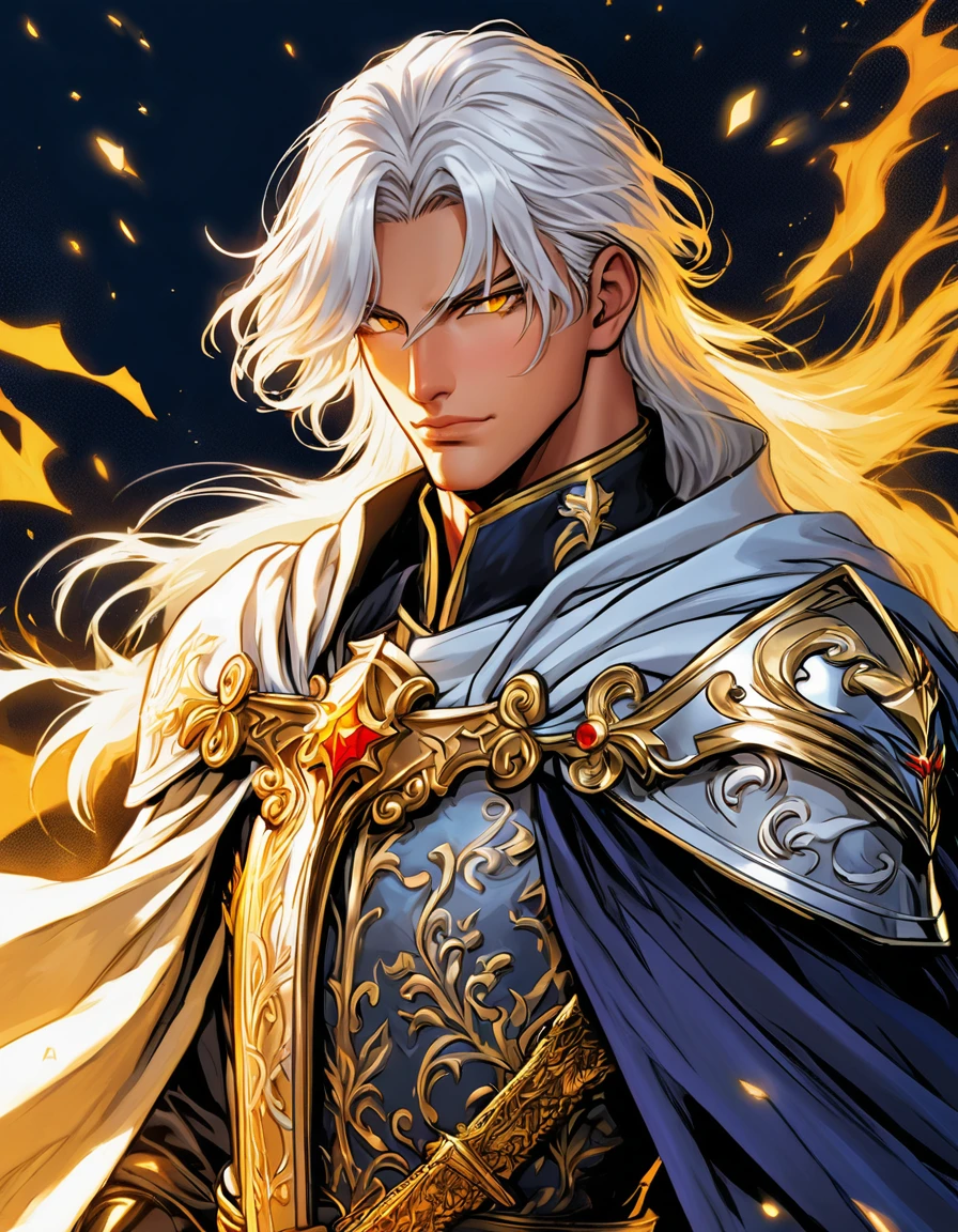 hq-style, comic book style, make a character similar to Reinhard Van Astrea from Re: NULL, only he has white hair and shining golden eyes, has a royal outfit and wears a sword on his waist, has short hair
