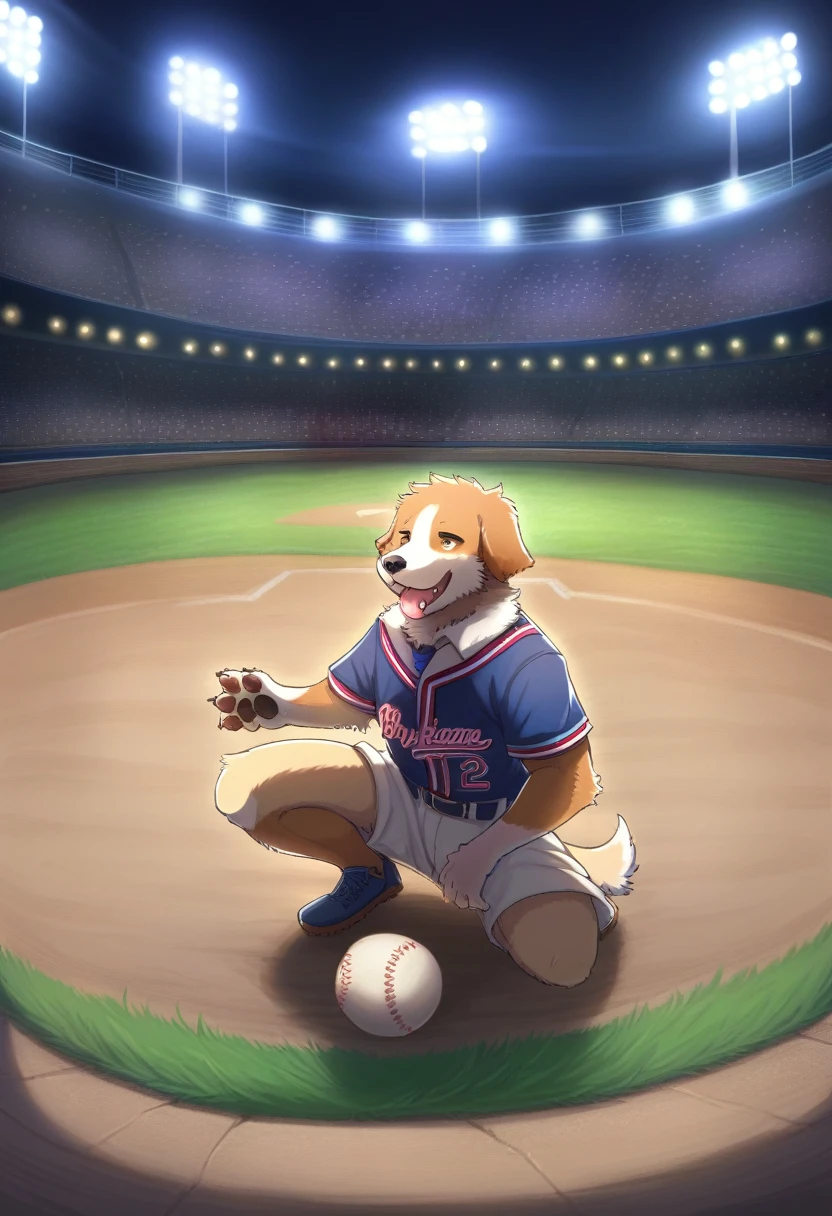 ((Masterpiece)), ((Best Quality)), (Very Detailed), ((Very Detailed)), 4K, (8K), very aesthetic, absurdres highres, 1man, (anthropomorphic dog, furry, kemono:1.8), The moment a pitcher throws a ball, illuminated by cool lights, at a baseball stadium at night. Amidst the tension, the texture of the uniform and the movement of the ball are depicted in detail. The reactions of the audience seats and the texture of the grass on the ground are also realistically expressed. The moment of the pitching motion is captured, and the movements of the arm muscles and concentrated expression are depicted in detail. The uniform is drawn so that the fine wrinkles and texture of the material can be seen, and the ball being pitched is drawn floating in the air to convey a sense of rotation and speed.