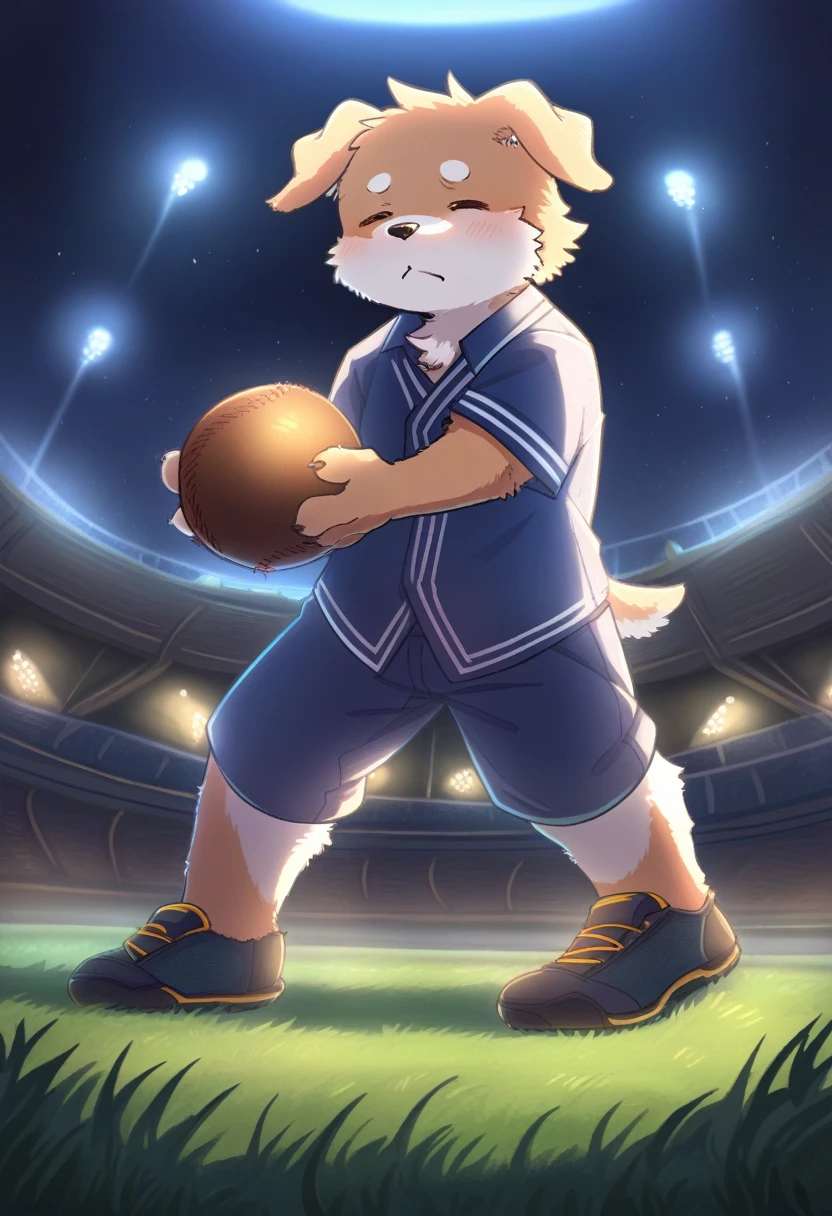 ((Masterpiece)), ((Best Quality)), (Very Detailed), ((Very Detailed)), 4K, (8K), very aesthetic, absurdres highres, 1man, (anthropomorphic dog, furry, kemono:1.8), The moment a pitcher throws a ball, illuminated by cool lights, at a baseball stadium at night. Amidst the tension, the texture of the uniform and the movement of the ball are depicted in detail. The reactions of the audience seats and the texture of the grass on the ground are also realistically expressed. The moment of the pitching motion is captured, and the movements of the arm muscles and concentrated expression are depicted in detail. The uniform is drawn so that the fine wrinkles and texture of the material can be seen, and the ball being pitched is drawn floating in the air to convey a sense of rotation and speed.