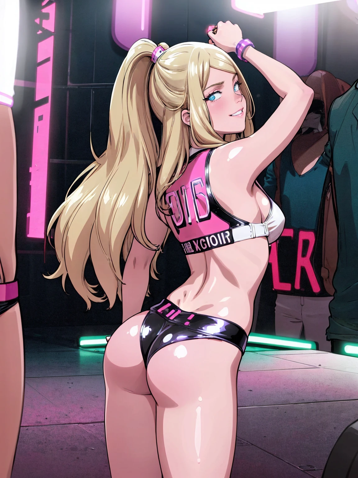 masterpiece, best quality, (1 girl:1.5), nice hips, slut, slutty bimbo clothes, medium breasts, smile, slut, young girl, bratty girl, wide hips, (white crop top), (latex shorts), midriff, hip sway, slutty dancing, (nightclub), neon lights, (nightclub:1.5), neon lights, detailed eyes, pink and white outfits, straight hair, different haircolors, blonde, brunette, (view from behind), ((ass shake)), ((motion lines)), slutty facial expression, (dancing), glancing over shoulder, smiling, hands over head, dancing, (twerking), (loose hair),
