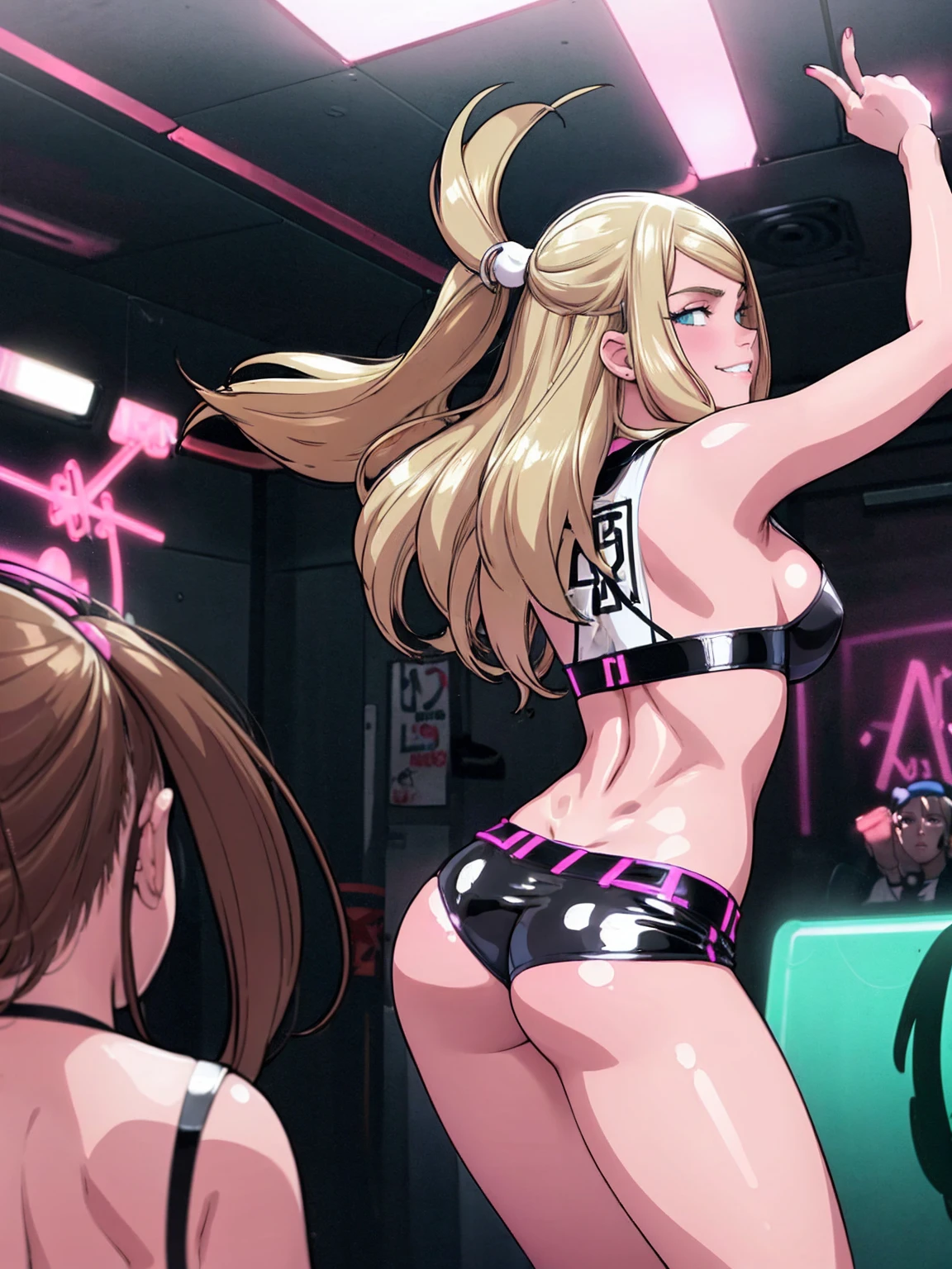 masterpiece, best quality, (1 girl:1.5), nice hips, slut, slutty bimbo clothes, medium breasts, smile, slut, young girl, bratty girl, wide hips, (white crop top), (latex shorts), midriff, hip sway, slutty dancing, (nightclub), neon lights, (nightclub:1.5), neon lights, detailed eyes, pink and white outfits, straight hair, different haircolors, blonde, brunette, (view from behind), ((ass shake)), ((motion lines)), slutty facial expression, (dancing), glancing over shoulder, smiling, hands over head, dancing, (twerking), (loose hair),