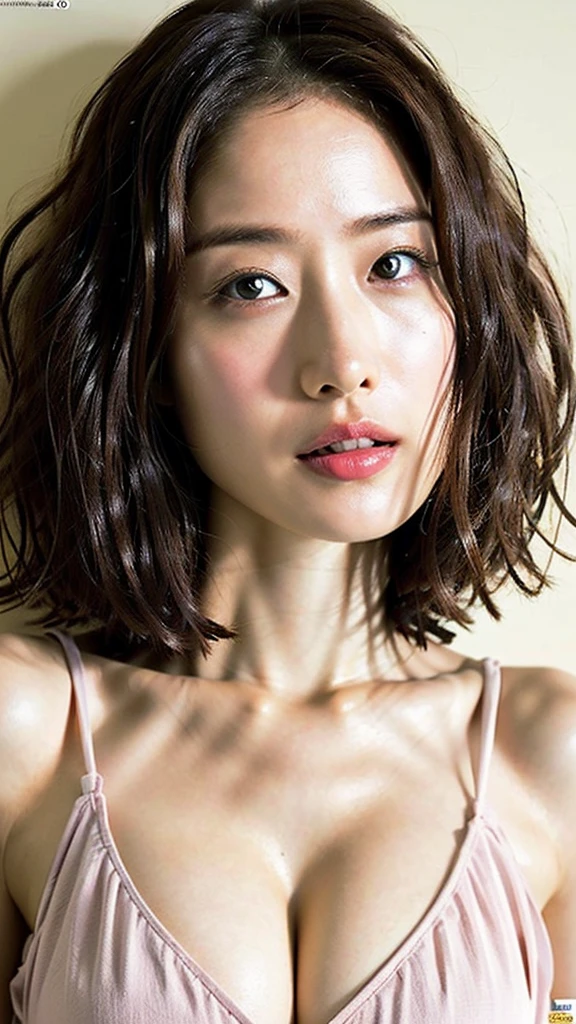 (Best quality, 8k, 32k, Masterpiece, UHD:1.2),Photo of Pretty Japanese woman, large breasts, very short bob hair,upper body,face focus,completely naked,perfect nude,undressed, simple background, from above, looking at viewer,