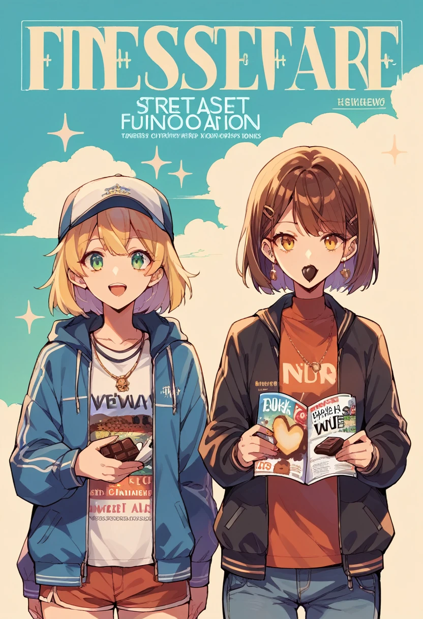score_9, score_8_up, score_7_up, score_6_up, score_5_up, score_4_up, source_anime, 2girls, psychedelic, nsfw, street clothes, chocolate, magazine cover, france