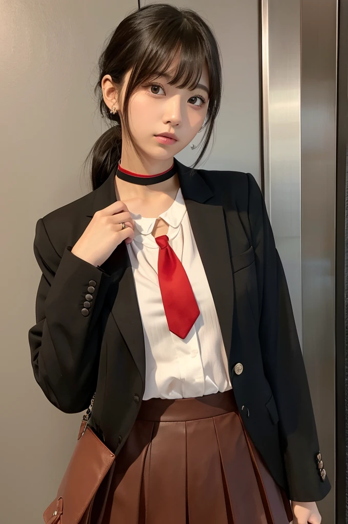 Bangs ponytail、choker、Black blazer、Red tie、Black Skirt、Brown loafers
