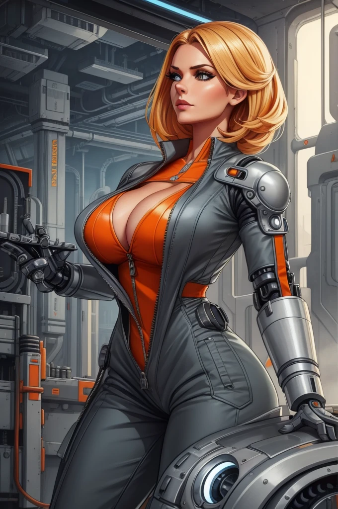 a beautiful Swedish woman, A gorgeous female mechanic in an atompunk style, with a blank background, wearing an unzipped orange jumpsuit revealing cleavage, featuring a mechanical hand and cybernetic augments, in a retro-futuristic setting with gunmetal grey tones,