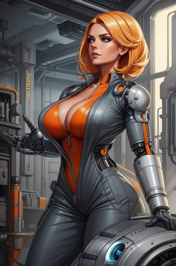 a beautiful Swedish woman, A gorgeous female mechanic in an atompunk style, with a blank background, wearing an unzipped orange jumpsuit revealing cleavage, featuring a mechanical hand and cybernetic augments, in a retro-futuristic setting with gunmetal grey tones,