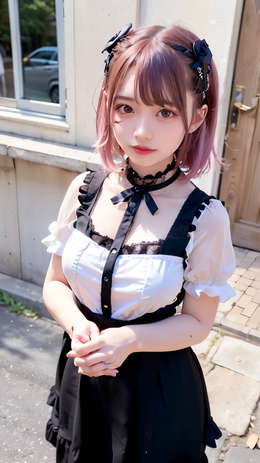 (Realistic, photo-Realistic:1.37), Unbelievably absurd, (Very detailed:1.3), 8K, (masterpiece), (Highest quality:1.4), (Ultra-high resolution:1.2), (RAW Photos:1.2), Very detailed背景, (unity 8K wallpaper), 1 nogizaka girl, very cute, (bishojo:1.35), (17yo:1.4 (white, Black and pink mine fashion), (Delicate and beautiful face, eye, skin), (Beautiful dress with intricate details), Gothic Maid, (Open chest), (Thick black shiny hair), (Elegant frills), (Blue rose hair accessory), (Smiling for the camera), whole body, Street view, Professional Lighting, 1 Girl, (Light pink hair)
