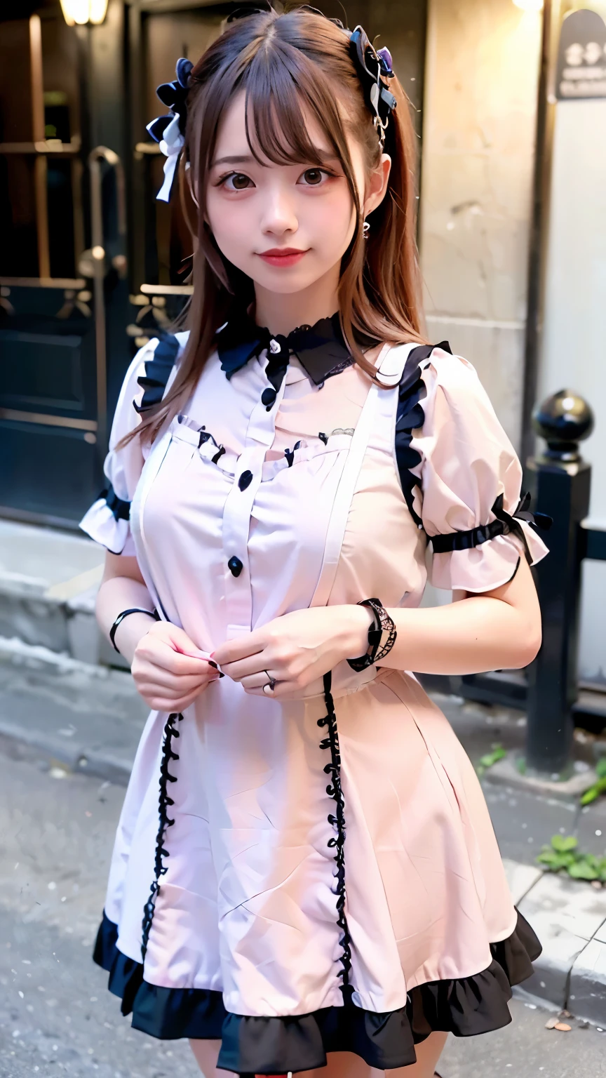 (Realistic, photo-Realistic:1.37), Unbelievably absurd, (Very detailed:1.3), 8K, (masterpiece), (Highest quality:1.4), (Ultra-high resolution:1.2), (RAW Photos:1.2), Very detailed背景, (unity 8K wallpaper), 1 nogizaka girl, very cute, (bishojo:1.35), (17yo:1.4 (white, Black and pink mine fashion), (Delicate and beautiful face, eye, skin), (Beautiful dress with intricate details), Gothic Maid, (Open chest), (Thick black shiny hair), (Elegant frills), (Blue rose hair accessory), (Smiling for the camera), whole body, Street view, Professional Lighting, 1 Girl, (Light pink hair)
