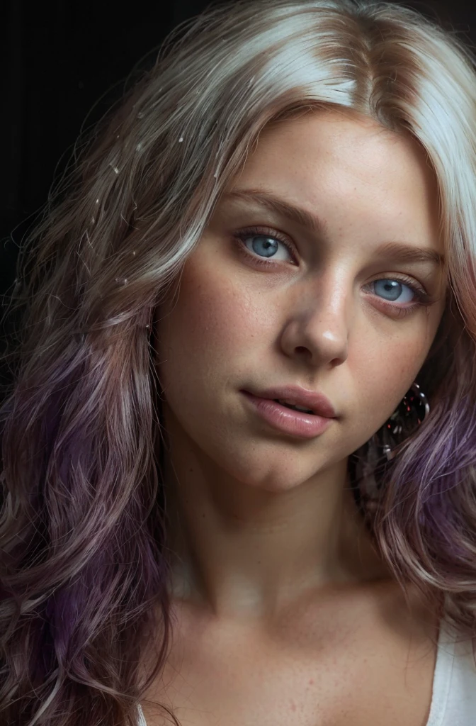 1 girl, alone, (realist, Best Quality, 8k), With curves, beautiful eyes, earrings, elegant, all visible character, standing, breasts out, wavy hair, violet brown hair, very long long hair, high heel, {Red}, White T-shirt, look at the viewer, flirt with the viewer, camera from a distance, whole body,