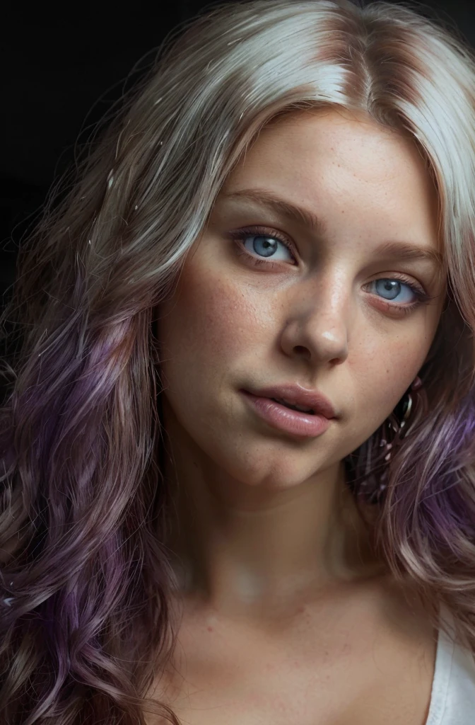 1 girl, alone, (realist, Best Quality, 8k), With curves, beautiful eyes, earrings, elegant, all visible character, standing, breasts out, wavy hair, violet brown hair, very long long hair, high heel, {Red}, White T-shirt, look at the viewer, flirt with the viewer, camera from a distance, whole body,